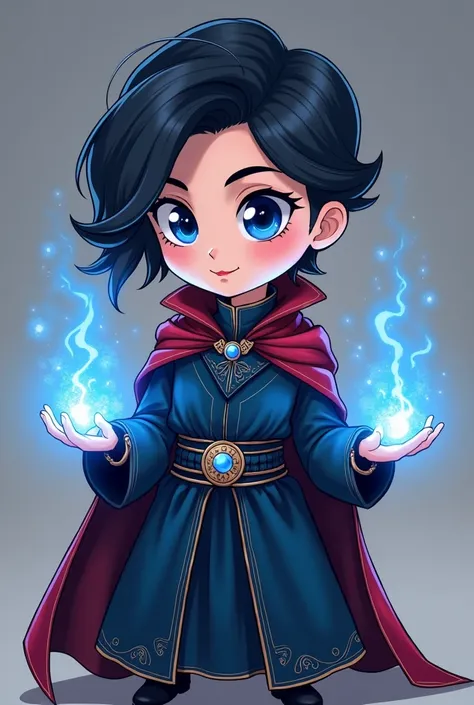  make a chibi with your hands with blue magic coming out of it and with exactly that outfit Color palette:  The costume incorporates deep shades of dark blue,   reference to the iconic look of the character in the comics . Textures and Details:  O The fabr...