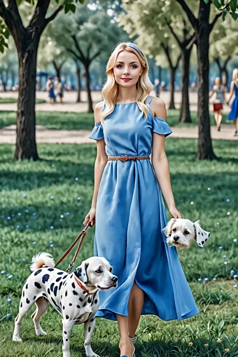 A blonde girl,  in a blue dress, In the park with his little dog a Dalmatian, Realistic style photography