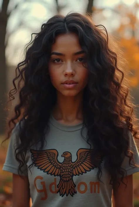 (photorealism:1.2), beautiful, long curly hair, outdoor, soft light, army, thanks giving, bring weapon, war background, "GDOM" word at shirt, eagle logo