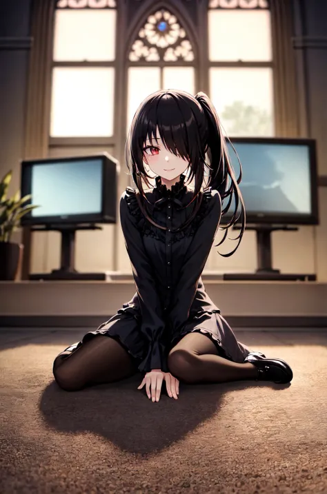 1 Girl,  unique , Kneel down,  constellation, 
cckurumi,  long hair, Low double ponytail, Flowering,  hair covering one eye, Hairpin, Gothic,  Black Dress , ribbon, pantyhose, 
slippers, 
Sitting,  Smile,  View Audience, 
Lean forward, 
Indoors, living roo...