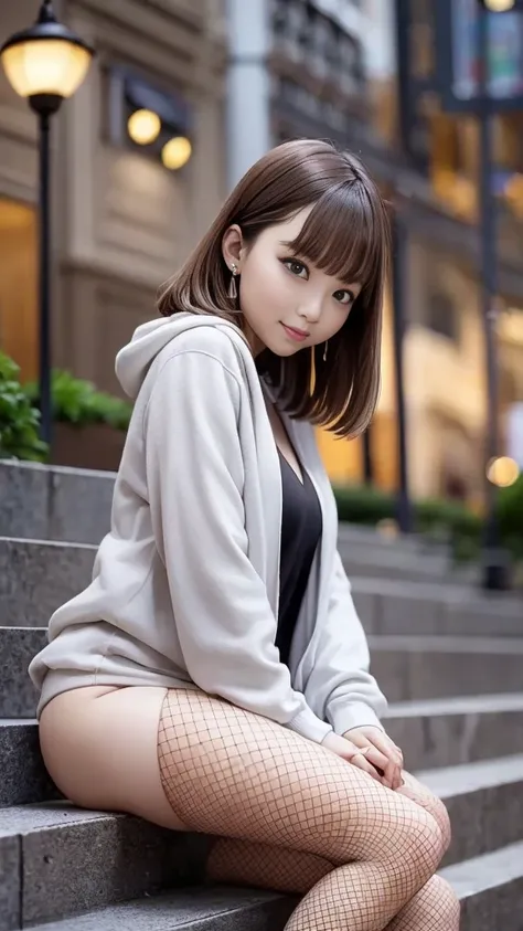 ( micro pull zip hoodie for sitting on stone steps in a park at night、 micro pencil skirt 、 fishnet tights、 stiletto boots)、(One 21-year-old girl 、 bob hair、Medium breast、 slender body 、 long legs 、Earrings)、(Sitting on a stone staircase in a park at night...