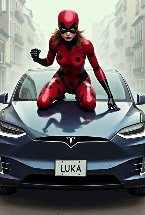 Le personnage Ladybug en colère sur le capot dune Tesla Model X, le prénom "LUKA" écrit sur la plaque dimmatriculation 