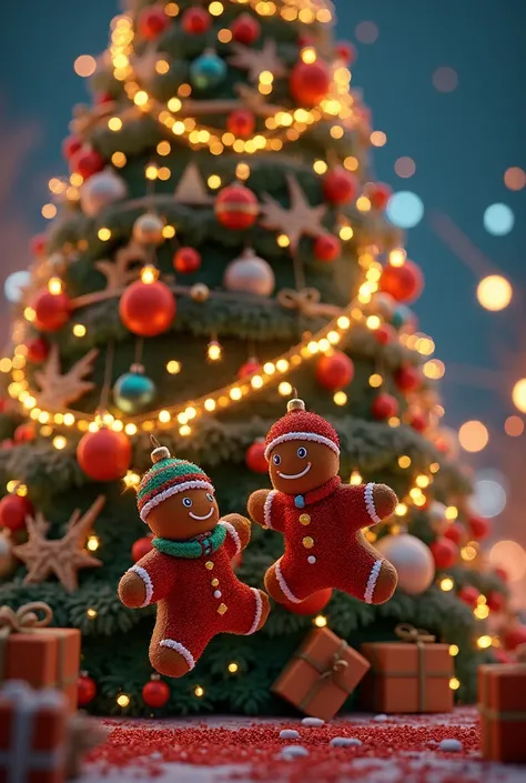 A big Christmas tree is standing, there are a lot of beautiful Christmas toys on the tree. Two hanging gingerbread men on the Christmas tree are cheerfully communicating with each other. Night. High detail, 3D quality, 4K