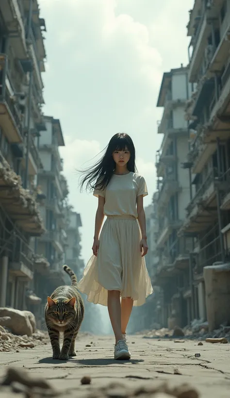 A Japanese girl in a white skirt walks through the desolate city with a huge cat in tow.