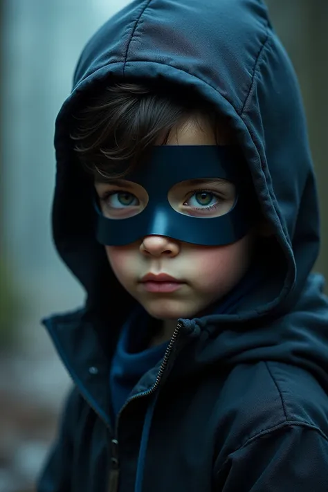 a boy wearing a semi-mask with a combination of black and dark blue 
