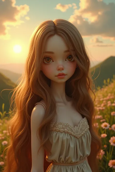 a doll with long brown and gold hair eyes and a landscape in the background with the sun with beautiful sky