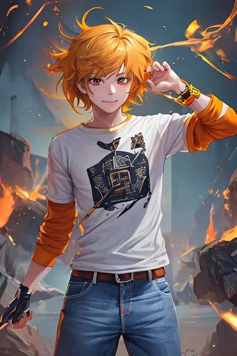 1boy, solo, yellow hair, white shirt, orange sleeves, blue jeans, red eyes, long slevees, coloring, high quality, HDR, UHD, frekles, simple backgrownd, looking at viewers, standing, smiling, 8k, 16, 32k, shiny skin, 