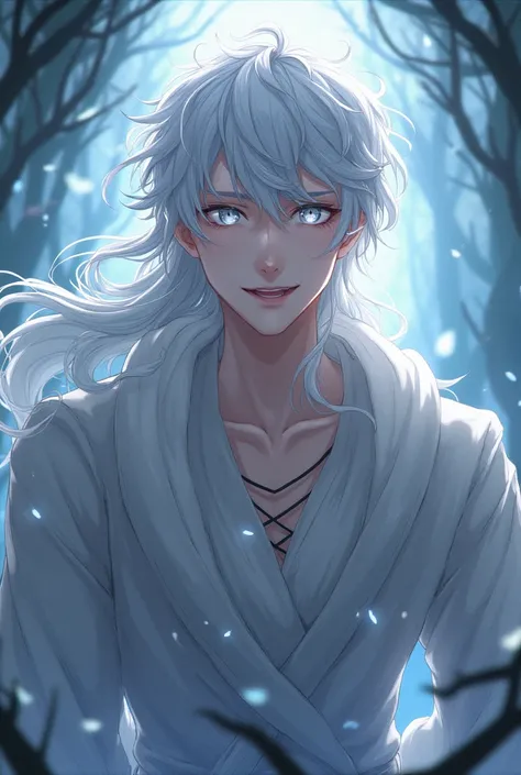 guy, white hair, white eyes, fantasy clothes, smiling, anime 