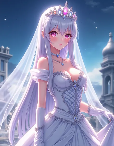 full body, anime girl, solo focus, blushing, detailed pink eyes, very detailed long white hair, long straight hair, detailed hair ornament, detailed jeweled tiara, bridal veil, skin dentation, tall, slim waist, breasts cleavage, perfect hands, long white g...