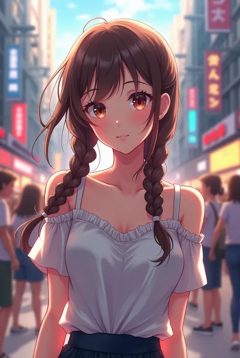  best quality, In anime style, 1peopleの女の子, woman,( Skintation ), medium breast, ( bright ), ( Professional Lighting, Bokeh), (street), people々, crowd, braided bangs, (blouse:1.5), (portrait:0.8), nice, bloom, Floating Hair, ( dynamic pose:0.6) ,  soft lig...