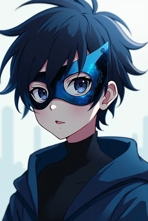 a boy wearing a semi-mask with a combination of black and dark blue anime
