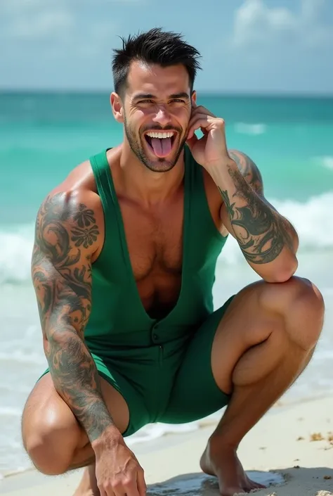  full length real photo of a man in a green sea costume has short black hair blue eyes muscular and tattooed smiling,  While holding his tongue out sensual and touching his hair crouched on a beach in Miami  