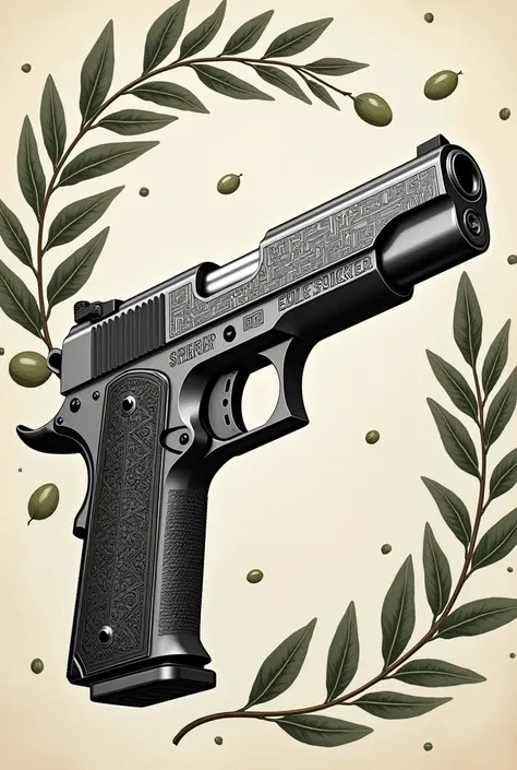 I want a Gun engraving, Olive leaves, art of ancient greece, word "STRIKER", metal gun, Full foto