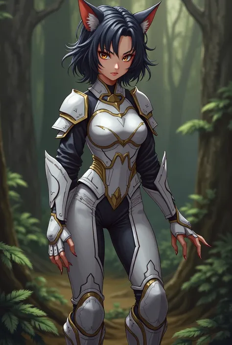 Anime style,Fantasy, forest  ,photo, HD, UHD,2D, female ,  black hair,Short hair,cat ears, white clothes, armor ,arm claws,glaring, cautious 