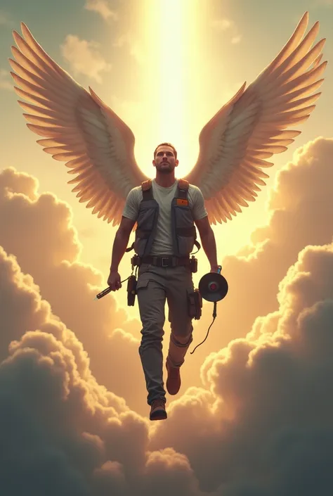 Male Engineer with wings go to heaven, bring siren & screw driver in his hand,  looking from back
