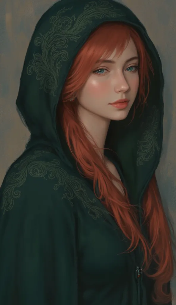 digital painting featuring a woman with striking red hair cascading down her shoulders. she is wearing a deep green hooded cloak...