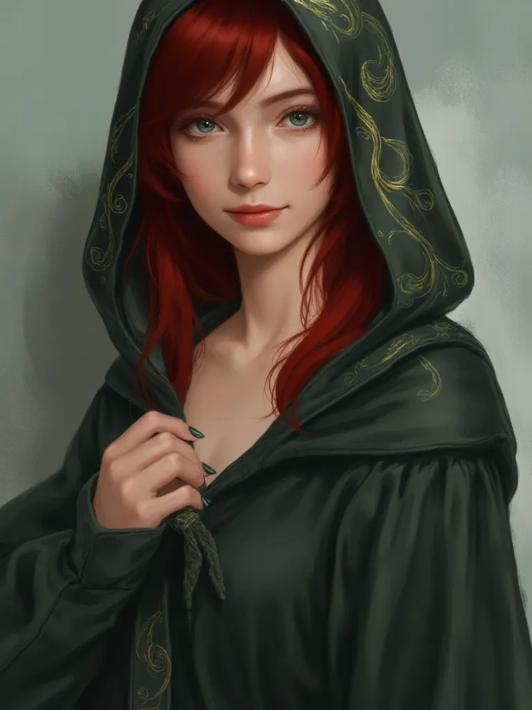 digital painting featuring a woman with striking red hair cascading down her shoulders. she is wearing a deep green hooded cloak...