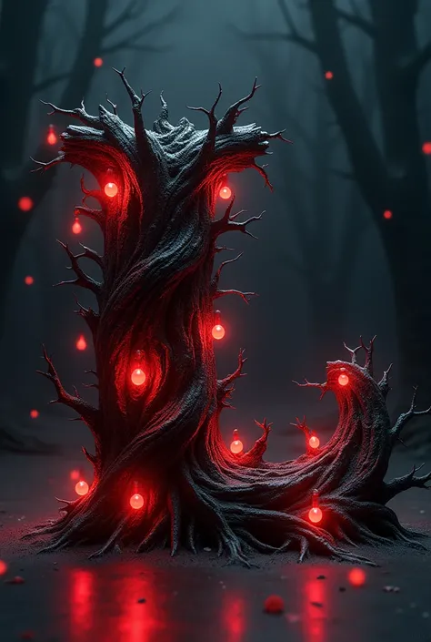 Lurking 3D alphabet character L resembling a twisted Christmas tree, with sharp branches, glowing red ornaments, and eerie whispers