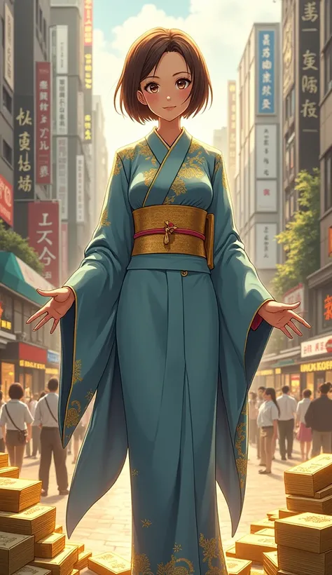 Create an anime girl with short brown hair, wearing an elegant blue and silver kimono adorned with gold accents, standing in a lavish Tokyo shopping district filled with luxury stores. The golden hour light casts a soft glow over her smiling face as she st...