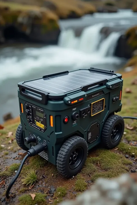 A portable hydroelectric generator charging a portable power station with built in solar panel on top