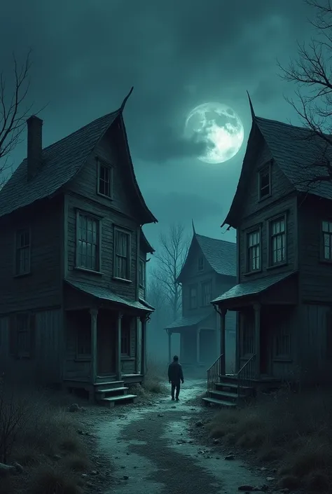 Create for me a scenario with grotesque used houses with rotten wood windows covered with rotten wood and crooked roofs image 9 by 16 create for me S These houses in a desolate and ugly place at night