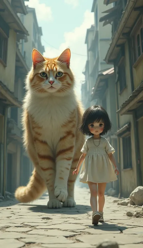 A Japanese girl in a white skirt walks through the desolate city with a giant cat in tow.