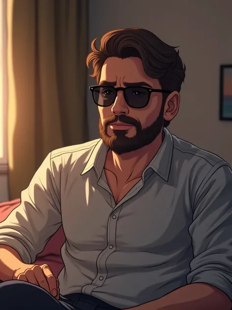 there is a man with sunglasses and a beard sitting on a bed, with sunglass, Selfie Photo 8k, No beard, with glasses and goatee,  with precise face ,  portrait 8k , 2 , 3 , Have a mustache, 2 , 2 , 4 0 years old man , No beard and mustache

anime