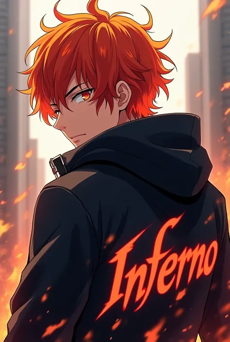 A male character with half-long, slightly red hair with a jacket marked on the back Inferno with a back hood (animated)
