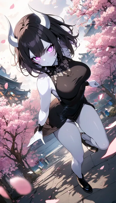 1girl, demon girl, large breasts, short black hair, purple eyes, (hips),(Pose showing buttocks to viewers), ((porcelain white skin)), cherry blossoms background, (top quality, masterpiece, high resolution, detailed), anime style, black eyeliner, (glowing e...