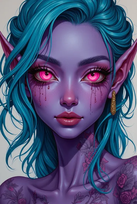 ((( masterpiece))), ((( best quality : 1.4))),(focus on upper body and face)(half body shot) ((super detail: 1.4)) ,  hyper-detailed gouache painting of a female Tiefling,  beautiful exotic features , pink neon eyes :1.5,  turquoise ranges hair ,  detailed...