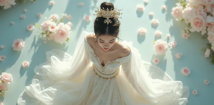 A girl koeran Extreme Wide Shot,aerial perspective,top-down view,grand scale,central subject,woman in hanfu bridal gown,hanfu petals are covered around,intricate crystal floral patterns,ethereal white Color flower sea backdrop,dreamlike ambiance,vibrant wh...