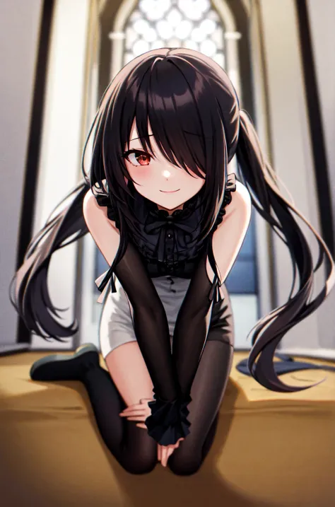 1 Girl,  unique , Kneel down,  constellation, 
cckurumi,  long hair, Low double ponytail, Flowering,  hair covering one eye, Hairpin, Gothic,  Black Dress , ribbon, pantyhose, 
slippers, 
Sitting,  Smile,  View Audience, 
Lean forward, 
Indoors, living roo...