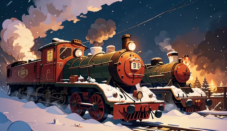 close-up of a Christmas train from side to front running on the tracks around the snow, white smoke coming from the chimney of the locomotive, its night outside.