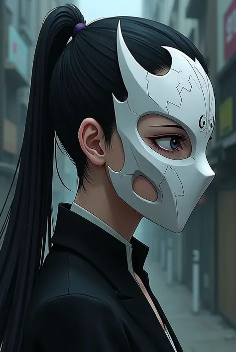 a character from the anime Bleach with black hair tied with a hollow mask covering all but the lower right side of the face