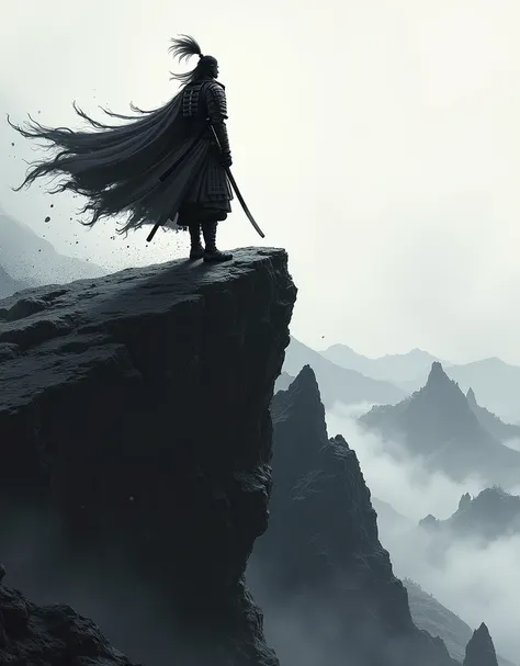 A stoic samurai, clad in traditional armor, stands atop a windswept mountain peak, gazing out at a desolate, monochromatic landscape, inspired by the dramatic lighting and high-contrast textures of Kim Kichuls noir-inspired illustrations, with bold, expres...