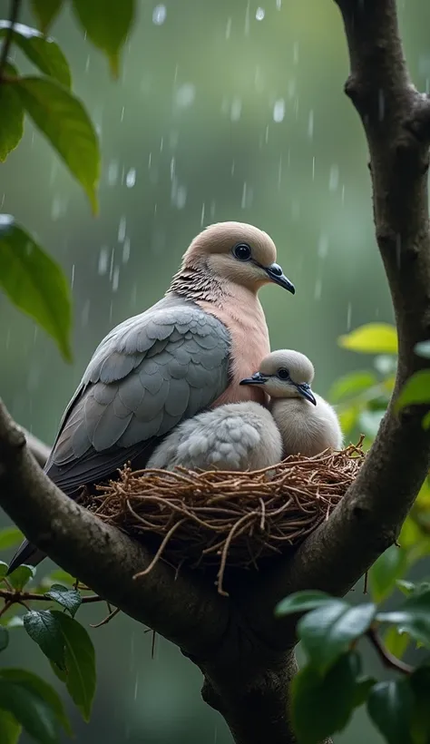 "A serene image of a mother dove wrapping her soft, gray wings around her nestlings as gentle rain falls around them. The dove’s calm expression conveys protection and love, while the nest is perched on a tree branch surrounded by glistening raindrops and ...