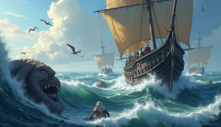 Adventurers Ship、 real、Moving through the ocean 、 Continents Can Be Seen in the Distance、Fighting monsters