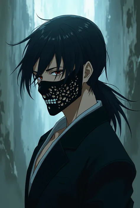 a male character from the anime Bleach with black hair tied with a hollow mask covering his entire face except the lower right