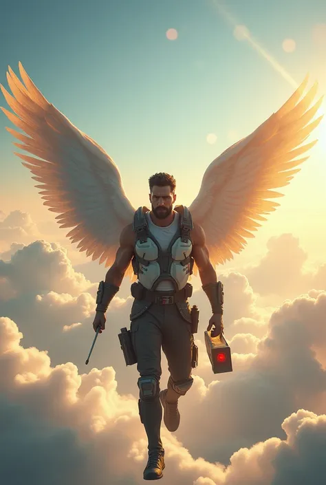 Male Engineer with wings go to heaven, wear body harness, bring siren & screw driver in his hand,  looking from back
