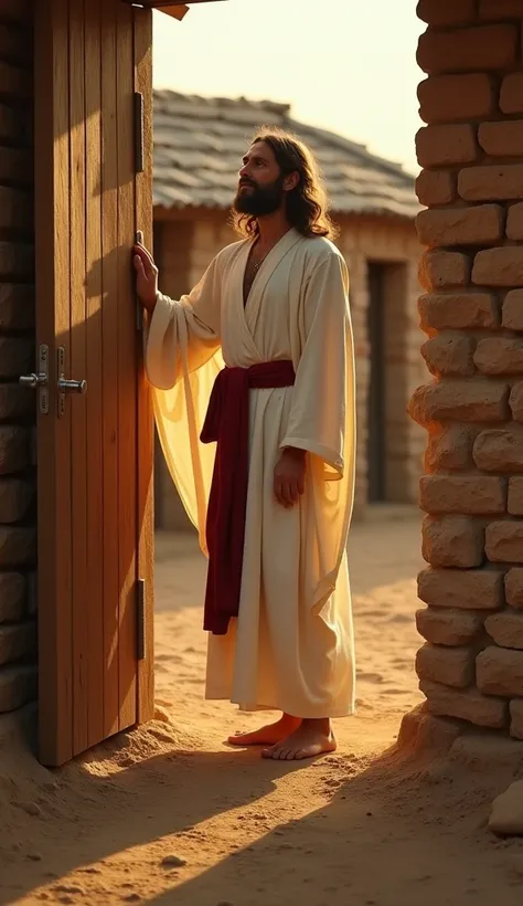 Jesus Christ stands at the door of a house, gently touching the wooden frame, as if knocking and waiting to be welcomed inside. He wears a flowing white robe with a deep red sash around his waist. His expression is calm and inviting, radiating compassion a...