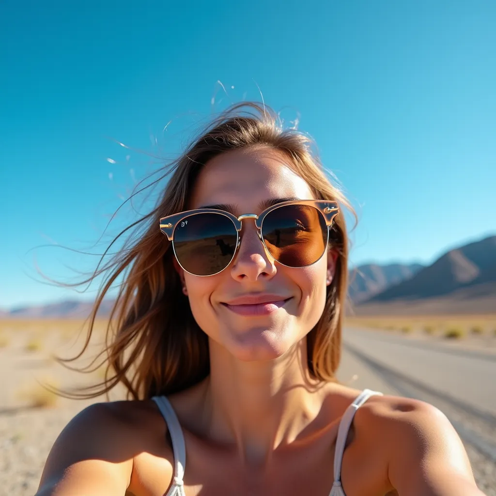 isabella's selfie abroad, wearing sunglasses ,  somewhere in southern chile ,the sky is clear, it's 9 in the morning