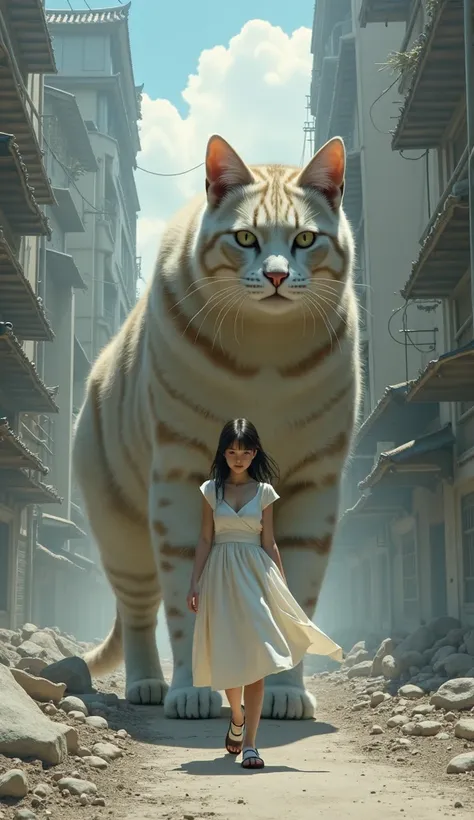 A Japanese girl in a white skirt walks through the desolate city with a huge cat in tow.real.3k.