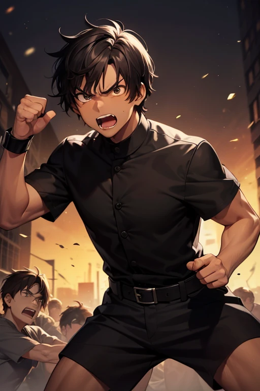 Dark-skinned Man, black hair, brown hair, short hair, fight pose, angry, Serious, War Cry, 1man, Alone