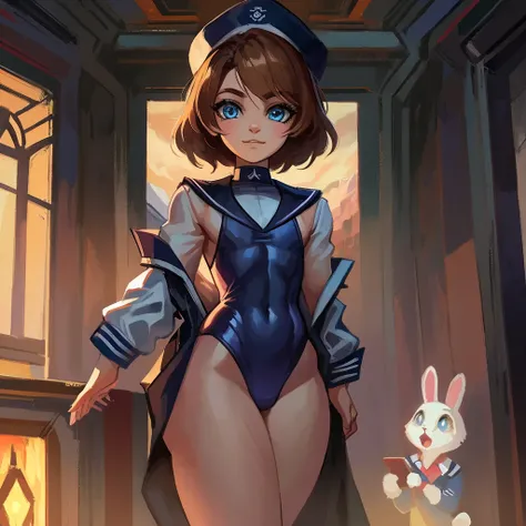 teen, femboy, strike witch, white bunny familiar, caucasian, in uniform (navy one-piece swimsuit and sailor dress jacket), light blue eyes, brown hair, flat chested