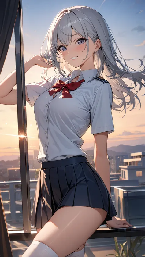  1 girl, solo,  high definition , chest,  smiles,  shortcuts, masterpiece,  Silver Hair, Aperture F1.2, evening, sexy,Beauty, slender, knee-high, high school girl,uniform