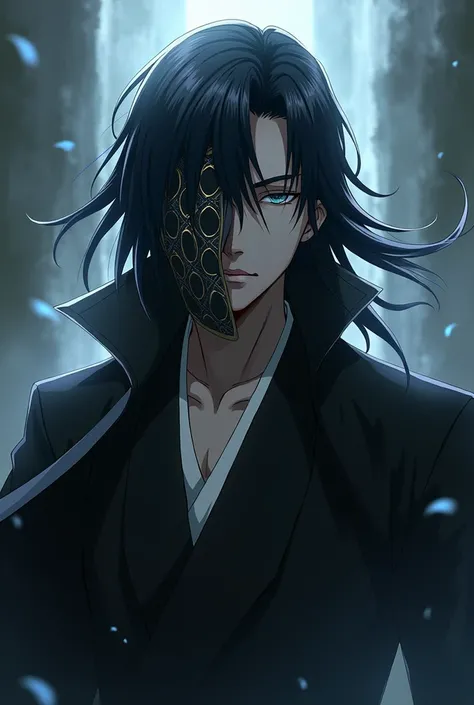 a male character from the anime Bleach with black hair tied with a hollow mask covering his entire face except the lower right