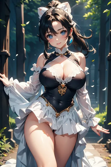  greatest masterpiece、 best quality、 realistic、 Detailed Details、8k、 one woman、 perfect face、 Perfect Body 、Big Breasts、 big butt、Big Breasts、 cleavage、 plump thighs 、 high ponytail、 black hair、 pubic skin、sweat、 tan、smile、 Magical Girl、gem、 leotards、Frill...