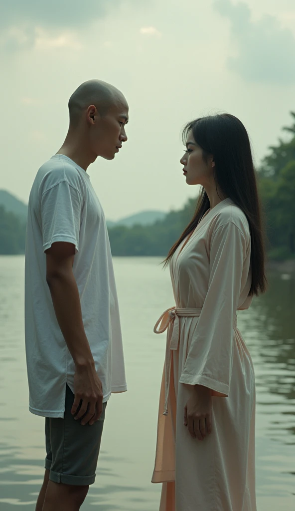 Realistic photo work, original photo, distant photo, photo of a bald man from Indonesia, skinny wearing an oversized white t-shirt, has a very long right hand (knee length) but normal left hand, is peeking at a Korean woman, big breasts, wearing a bathrobe...