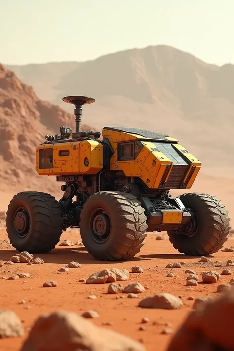 The Minerus rover is a 3-meter-long robotic vehicle designed to explore Mars in search of minerals. It is equipped with four large, treaded wheels for traction, an articulated drill for extracting soil samples, and a storage system for the collected minera...