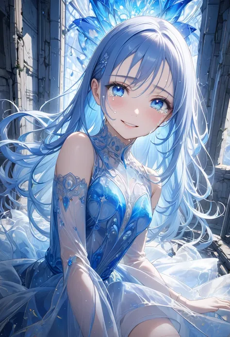 (beautiful and delicate) (Spectacular views illustration), in a blue Transparent clothing, (frontal, pov), break, (solo, age 15) (delicate forehead vivid blue hair), (ultra beauty long hair), (beautiful blue eyes with tears:1.5) (ultra cute girl), ((ultra ...